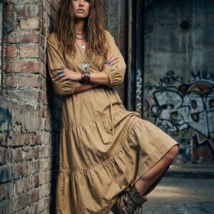 $276 Free People SWEET BABY JAMIE taupe wrap dress tiered S 100% cotton